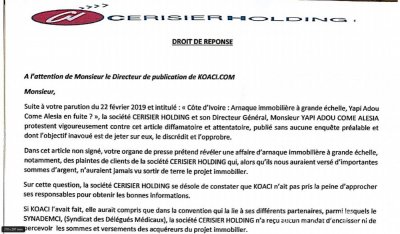 Côte d'Ivoire : Affaire Cerisier Holding-Synademci, le droit de réponse qui accable le syndicat